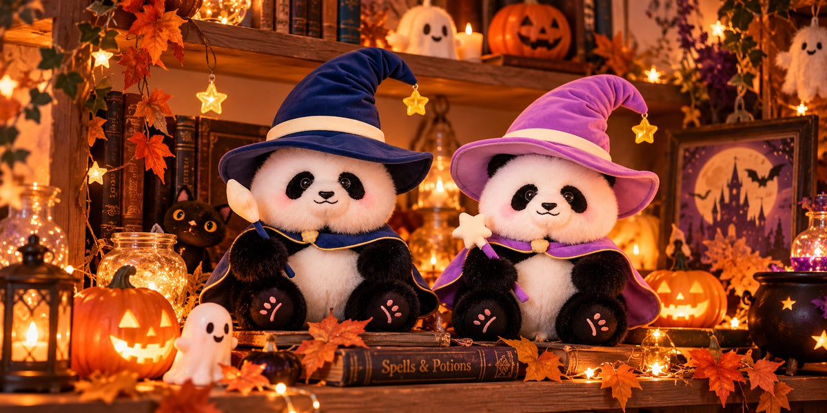 Panda plush toys arranged in a cosy Halloween shelf display