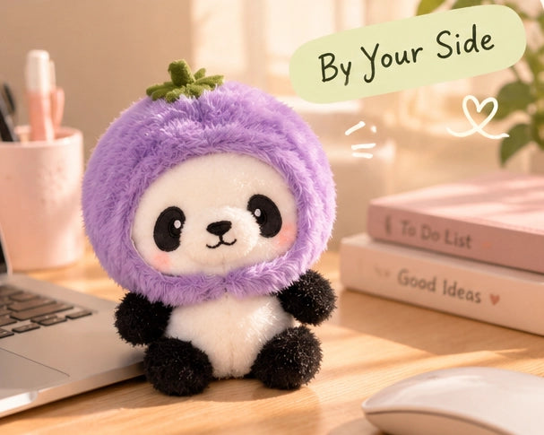 Panda plush on an office desk beside a laptop